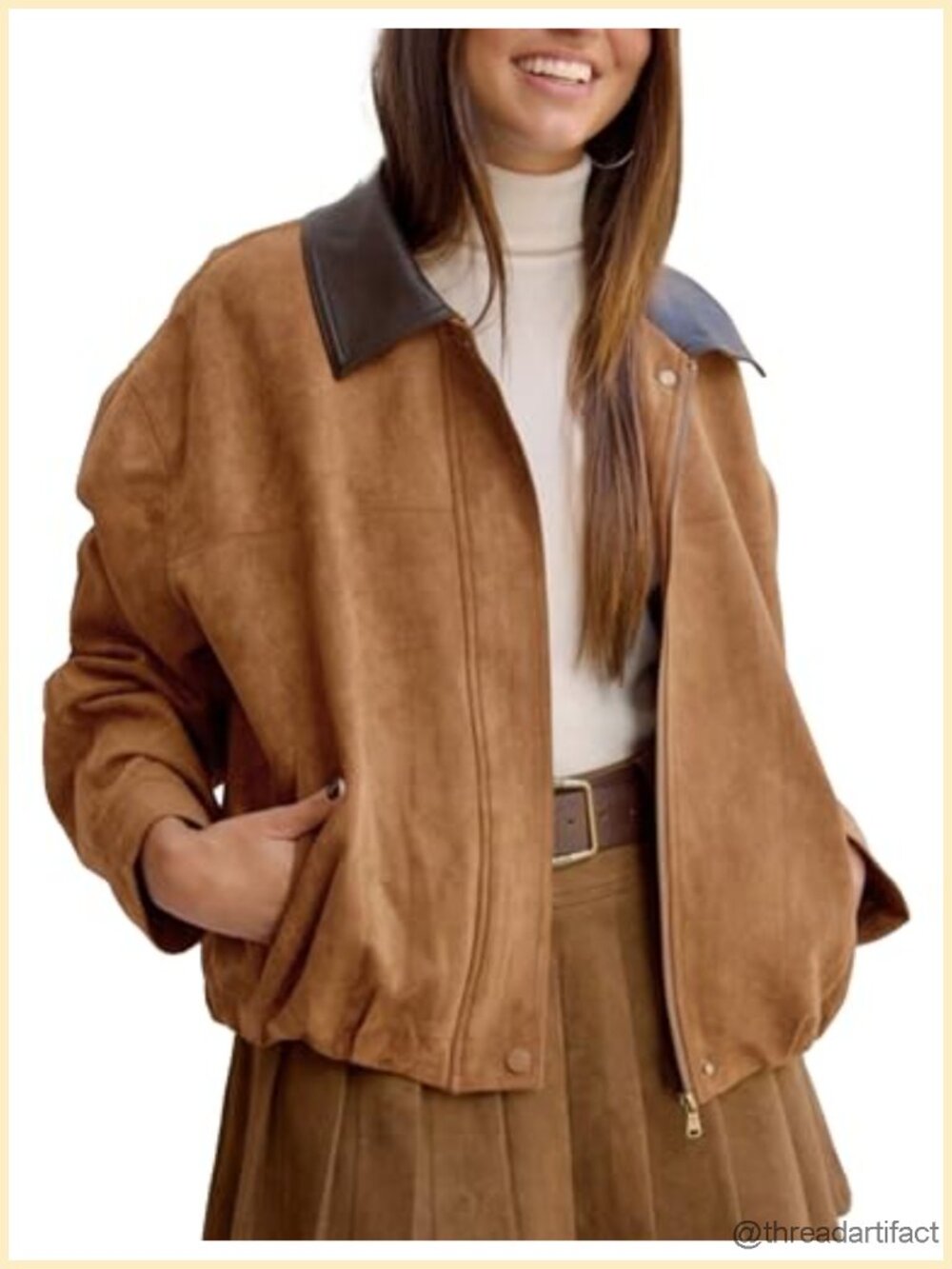Faux Suede Bomber Jacket Oversized Cropped Motorcycle Zip Up Outerwear